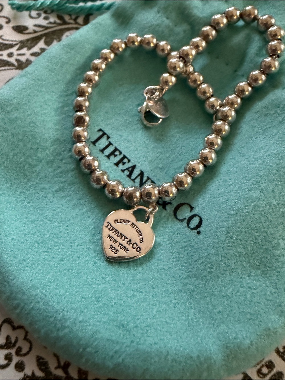 Tiffany & Co. Silver Bead Bracelet with blue Heart Charm - Picture 5 of 9
